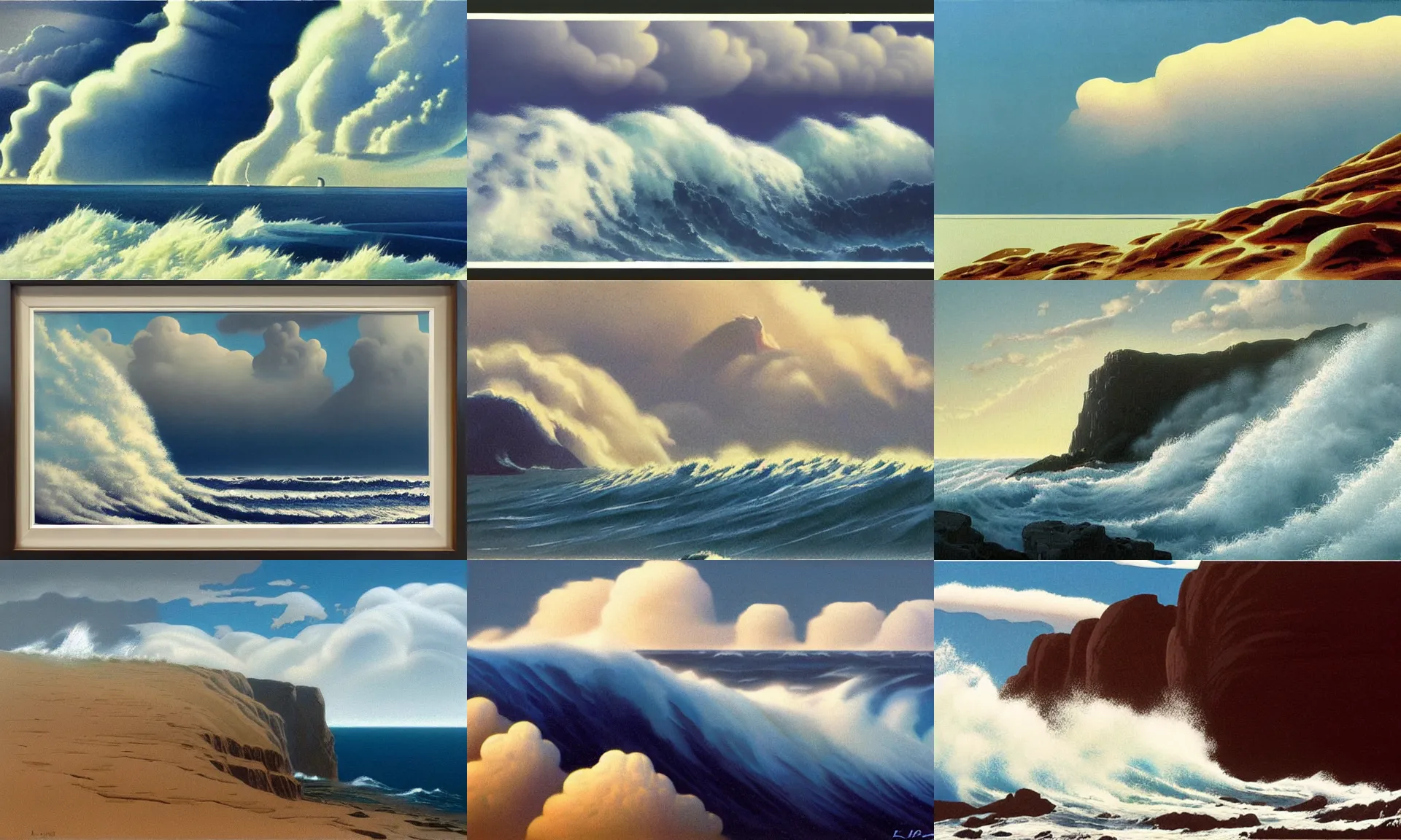 Prompt: sea and sky, big wave and foam, cliffs, stormy sky, cumulonimbus, artwork by and ruo li and ed mell