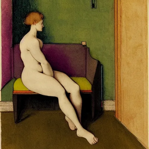 Image similar to a lonely girl in a liminal hotel room, watercolor by pontormo, limited color palette, very intricate, art nouveau, highly detailed, lights by hopper, soft pastel colors, minimalist