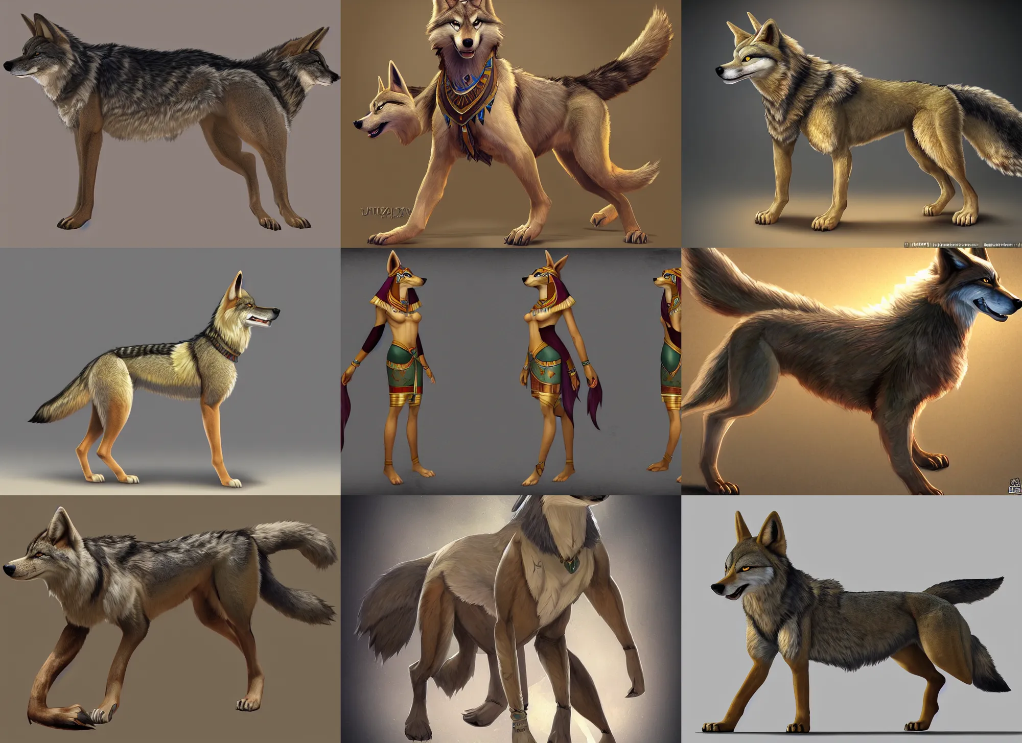 Prompt: hd fullbody egyptian wolf character design of a egyptian wolf. egyptian wolf deviantart adoptable, deviantart species style of maple story and zootopia, artgerm, studio lighting by jessica rossier and brian froud, traditional, artstationhd artstation, zootopia, hq textures