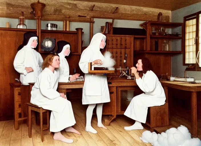 Prompt: realistic photo of a group of medieval female scientists wearing white shorts, watching at a levitating fluffy furry cloud, in a living room laboratory with many wooden gadgets made of wood interior is made of wood 1 9 9 0, life magazine reportage photo, natural colors