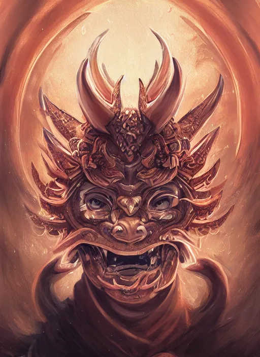 Image similar to a beautiful detailed oil on copper art illustration of a oni hannya mask shogun dragon woman, centered, by charlie bowater, zeng fanzh, trending on artstation, dim dusk lighting, cinematic lighting, detailed lighting, volumetric lighting, realistic, f 8, 4 k hd wallpaper