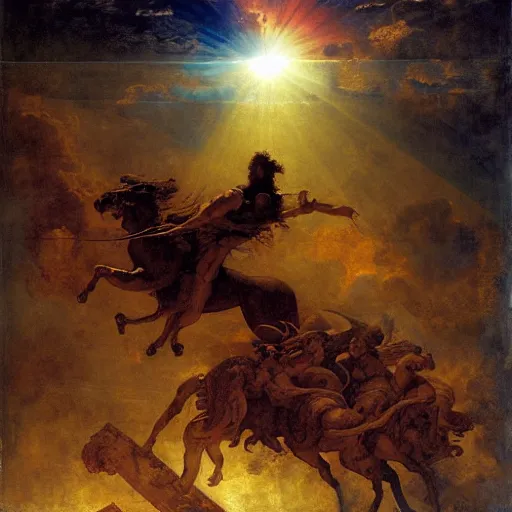 Image similar to Tragic Portrait of Phaethon the Demigod losing control of the chariot chariot that is the sun careening through the zodiac filled stratosphere Ilya Repin Michelangelo Buonarotti Leonardo Da Vinci rodin greg rutkowski james gurney tombow masterpiece fresco quadratura Trompe-lœil