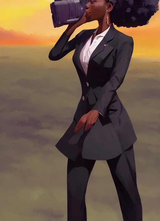 Image similar to detailed digital painting of beautiful black woman ceo, productivity diva, corporate empress in tailored skirt suit, fanart behance hd by jesper ejsing, by rhads, makoto shinkai and lois van baarle, ilya kuvshinov, rossdraws, success!, global illumination, sunset, detailed and intricate environment