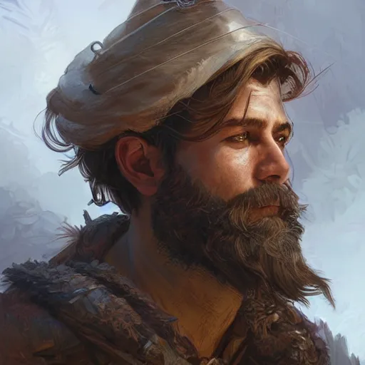 Image similar to portrait of a rugged male ranger, D&D, fantasy, intricate, elegant, highly detailed, digital painting, artstation, concept art, smooth, sharp focus, illustration, art by artgerm and greg rutkowski and alphonse mucha