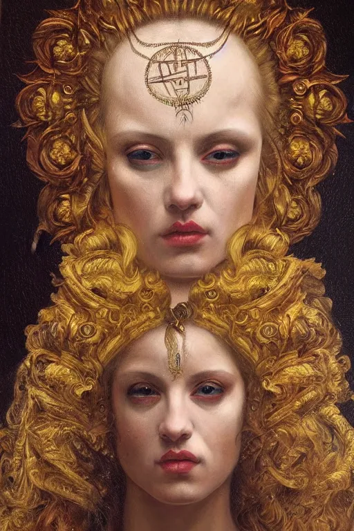 Image similar to hyper realistic painting portrait of the lady of punk, occult diagram, elaborate details, detailed face, intrincate ornaments, gold decoration, occult art, oil painting, art noveau, in the style of roberto ferri, gustav moreau, jean delville, bussiere, andrew gonzalez