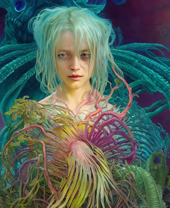 Image similar to filigreed colorful transparent portrait of a terrifying beautiful alien sea creature, fronds, mottled coloring, adorable, childlike, horror environment, ultra realistic, concept art, art nouveau, photorealistic, octane render, 8 k, unreal engine. art by christopher marley and artgerm and greg rutkowski and alphonse mucha