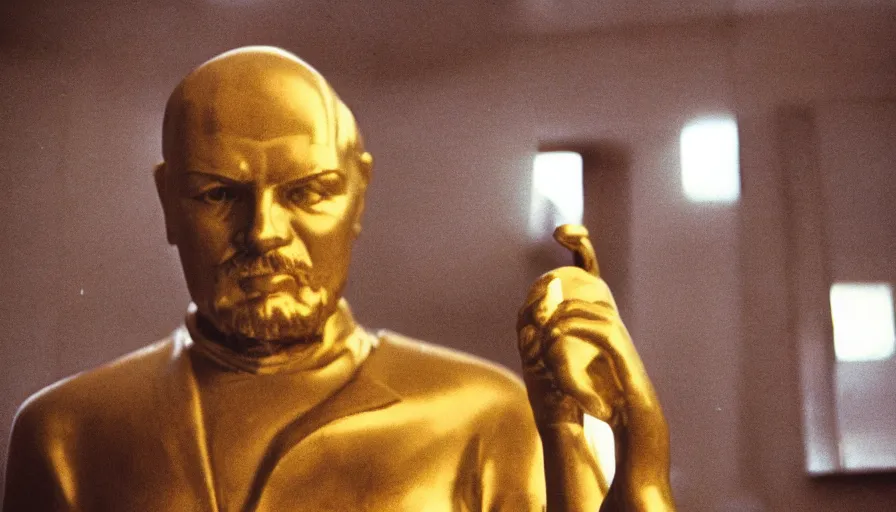 Image similar to movie still by tarkovsky portrait of a gold statue of lenin in the bathroom, cinestill 8 0 0 t 3 5 mm, heavy grain, high quality, high detail