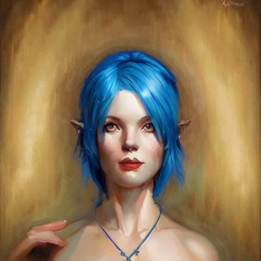 Image similar to a beautiful painting of a smiling woman with stylish short blue hair and sparkling blue eyes in a rustic saloon representative of the art style of artgerm and wlop and peter mohrbacher