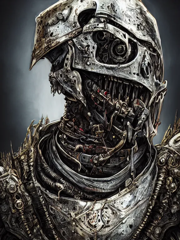 Image similar to portrait art of 8k ultra realistic undead knight, detailed intricate ornate armour,decaying, cybernetic, full of colour, cinematic lighting, battered, trending on artstation, 4k, hyperrealistic, focused, extreme details,unreal engine 5, cinematic, masterpiece, art by ayami kojima, giger