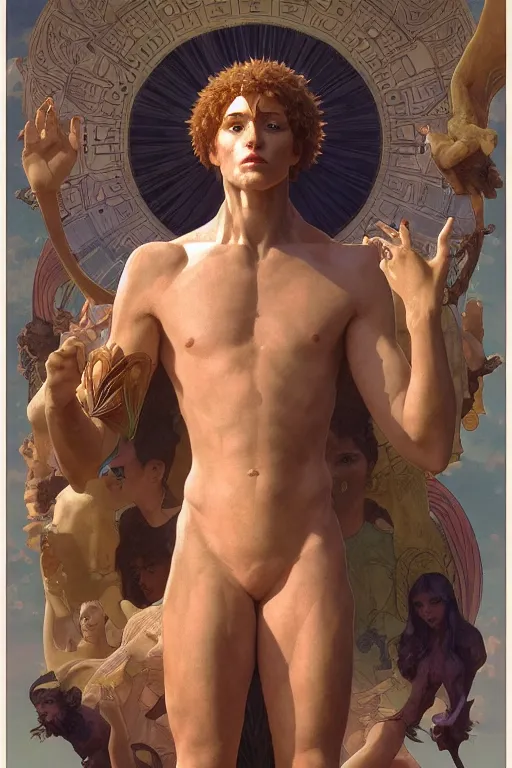 Image similar to anthropomorphic Sun-God, movie poster, cinematic lighting, intricate, rugged, ormal hands, normal legs, highly detailed, digital painting, artstation, smooth, sharp focus, illustration, art by artgerm and greg rutkowski and alphonse mucha and Wayne Barlowe and william-adolphe bouguereau