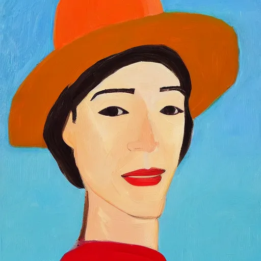 Prompt: woman with hat, by Alex Katz, colorful, smiling, oil on canvas