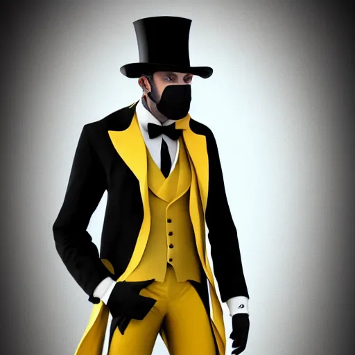 Image similar to a highly detailed portrait of a man in a high top hat covering his face, in a black tailcoat with a yellow waistcoat under the tailcoat, artstation, deviantart, professional, unreal engine 5, photorealistic