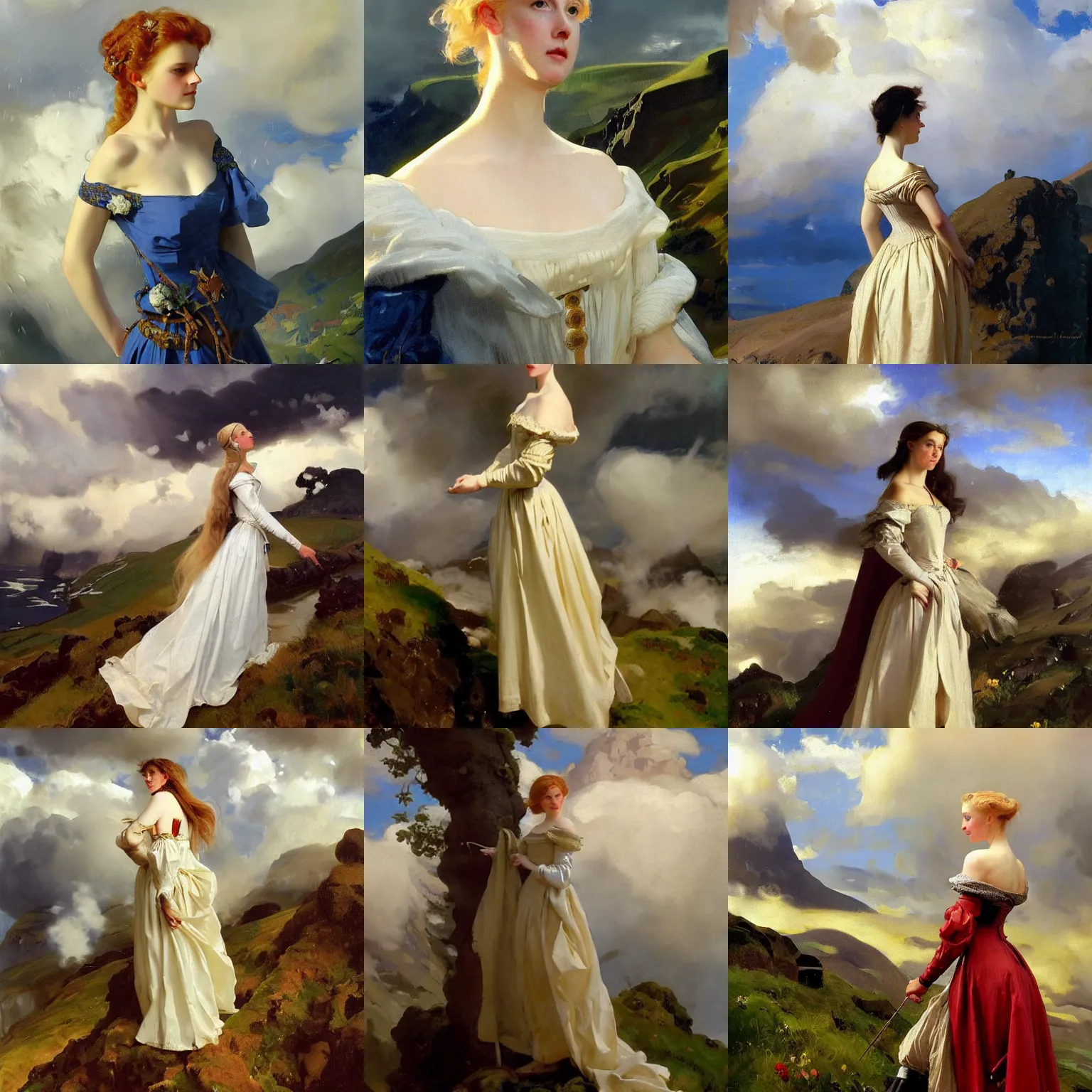 Prompt: a scandinavian attractive medieval young maiden wearing an 1 7 th century french off - the - shoulder neckline gown, painting by sargent and leyendecker and greg hildebrandt savrasov levitan above the low clouds on madeira faroe azores islands overcast thunder storm