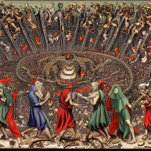 Image similar to where's waldo in dante's inferno with trumpeters and demons, intricate detail, martin handford, hd