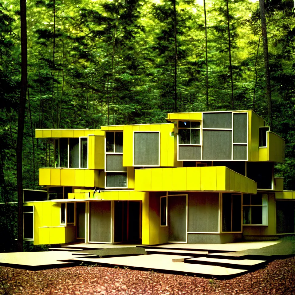 Prompt: a mid-century modern house with big tiles, from afar, in a forest, designed by Frank Gehry. Film grain, cinematic, yellow hue