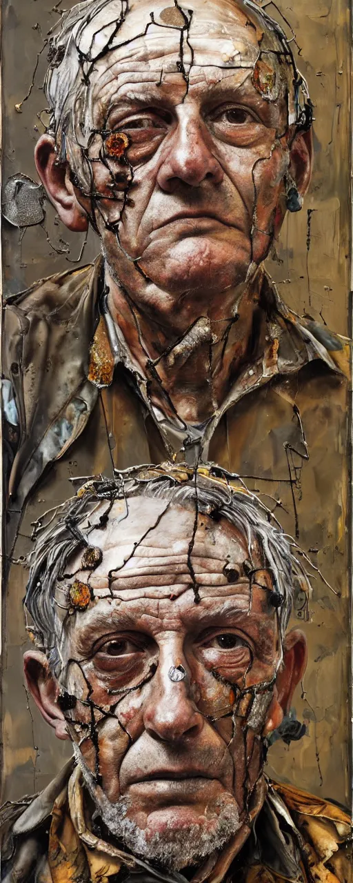 Image similar to a full length portrait of a very ordinary old man with a blank expression, Anselm Kiefer and Lucian Freud and Jenny Saville, oil painting, rust, Scaffolding, rusted metal and sunflowers, iron cladding, decay, mixed media, textured, anatomically correct, beautiful perfect face, visible brushstrokes, sharp focus, Highly Detailed, Cinematic Lighting, 8k, HD