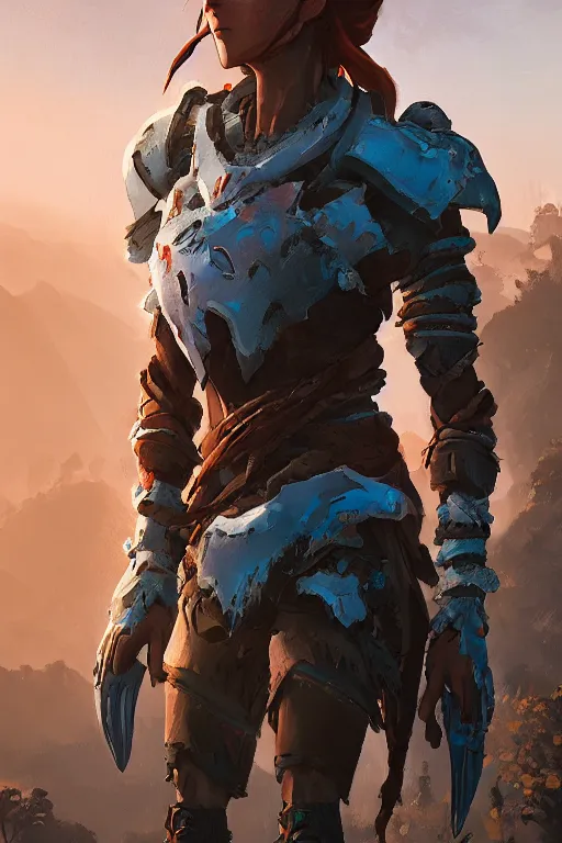 Image similar to combination suit armor aloy horizon forbidden west horizon zero dawn radiating a glowing aura global illumination ray tracing hdr fanart arstation by ian pesty and alena aenami artworks in 4 k tribal robot ninja mask helmet backpack