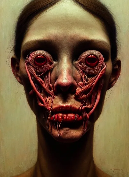 Image similar to there is ugliness in beauty, but there is also beauty in ugliness detailed portrait painting inspired by beksinski and alex gray, accurate anatomy, vintage, by jenny saville, edward hopper trending on artstation. 8 k