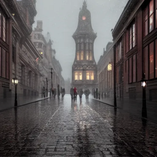 Image similar to rainy victorian city, 8k, ultrarealistic, ultra hd, gloomy, photorealistic