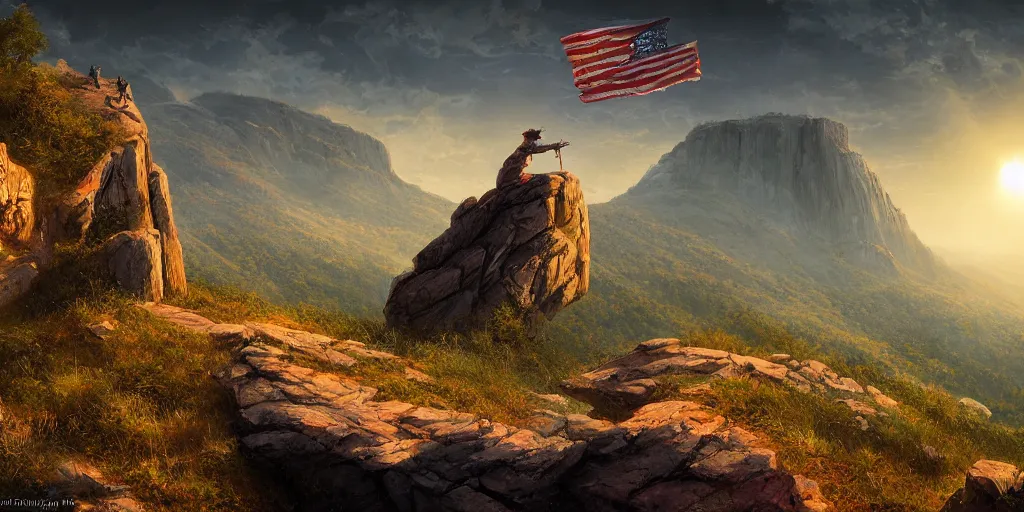 Image similar to but not only that : let freedom ring from stone mountain of georgia. let freedom ring from lookout mountain of tennessee. ultrafine highly detailed hyper colorful illustration, sharp focus, rozalski, craig mullins, unreal engine highly rendered, global illumination, radiant light, intricate and detailed environment