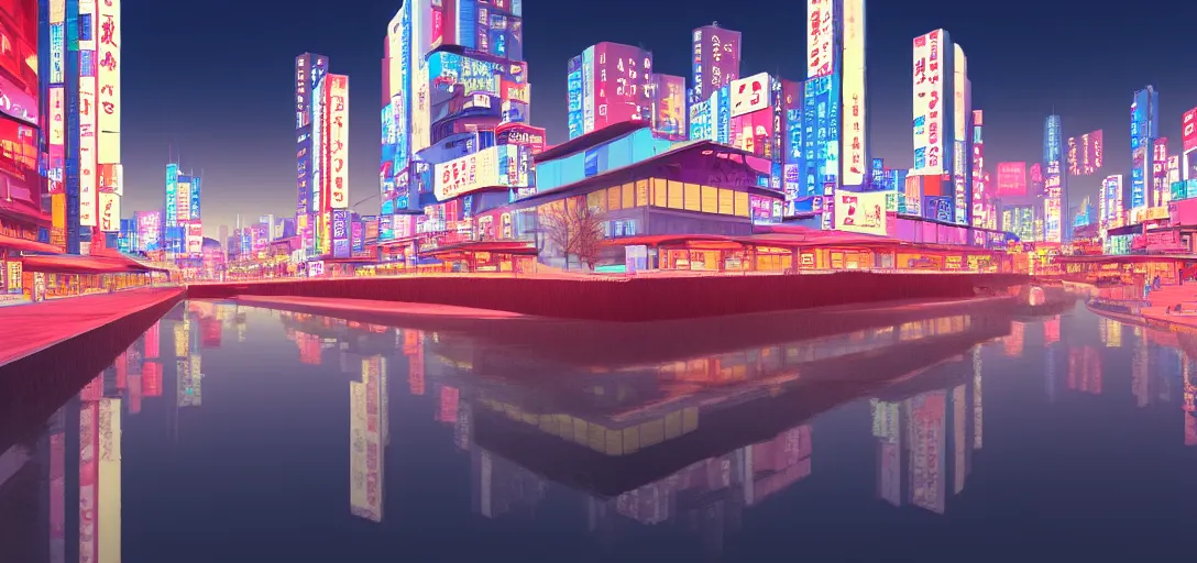 Image similar to very beautiful view of a modern japanese city at night, watery lake with dappled reflections, icy mountains in the background, calm clouds, colorful glow, neon lights, cinematic lighting, ultra detailed, sharp, ambient occlusion, raytracing, by dylan cole, sebastian meyer and jordan grimmer