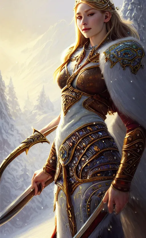 Image similar to opal viking warrior, regal, elegant, winter, snow, beautiful, stunning, hd, illustration, epic, d & d, fantasy, intricate, elegant, highly detailed, wide angle, digital painting, artstation, concept art, smooth, sharp focus, illustration, wallpaper, art by artgerm and greg rutkowski and alphonse mucha and jin xiaodi