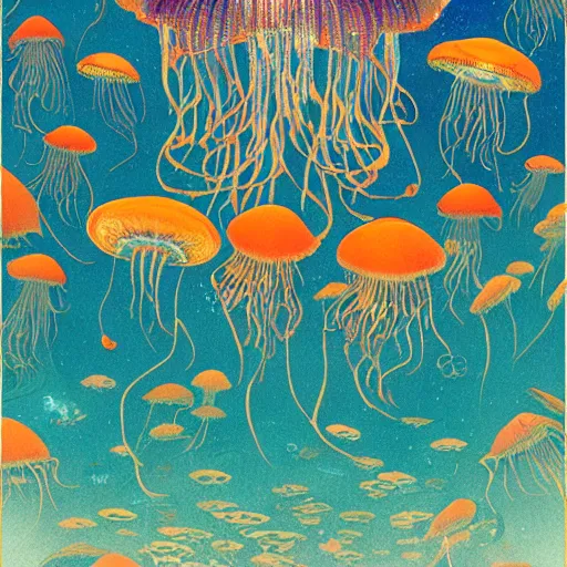 Image similar to ivan bilibin and edmund dulac and ilya kuvshinov and katsuhiro otomo inspired print of jellyfish in a bright ocean, deep focus, fantasy, intricate, elegant, highly detailed, digital painting, concept art, sharp focus, illustration, scarlet - green and mustard - indigo and azure - orange and white color scheme