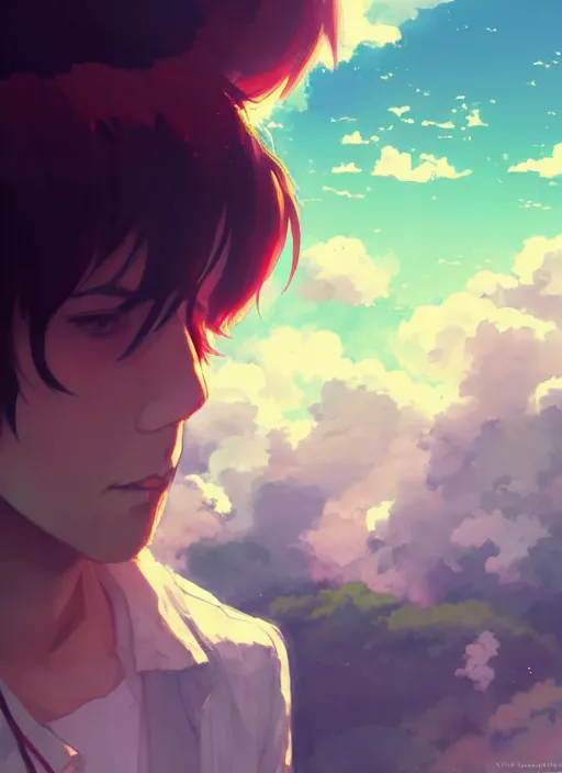 Image similar to portrait of nicolas cage, cloudy sky background lush landscape illustration concept art anime key visual trending pixiv fanbox by wlop and greg rutkowski and makoto shinkai and studio ghibli