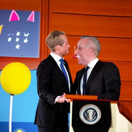 Image similar to president with clown head taking a selfie in a podium next to first minister