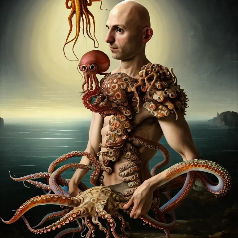 Prompt: young bald man wearing exoskeleton armor, standing in a shell, holding a squid, octopus, sea in the background, beautiful baroque portrait painting, psychedelic, trippy, hallucination, dream, beautiful detailed intricate insanely detailed octane render trending on Artstation, 8K artistic photography, photorealistic, chiaroscuro, Raphael, Caravaggio