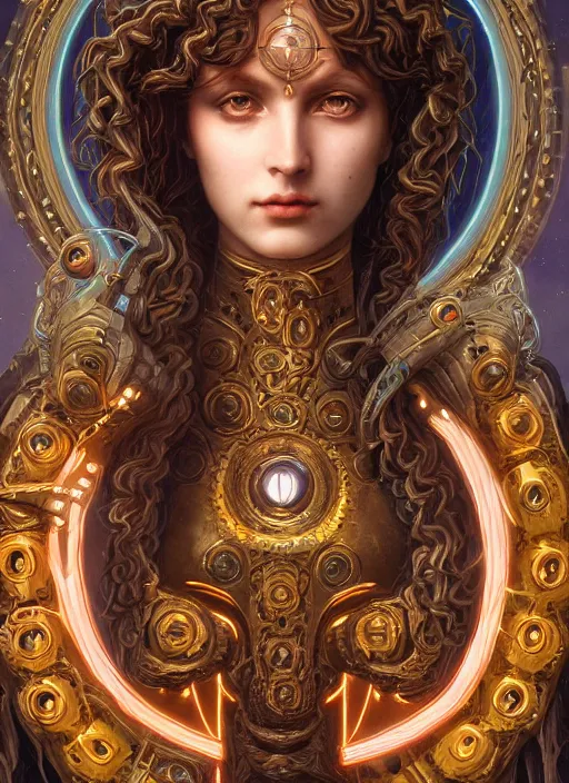 Image similar to pre-raphaelite ultradetailed ornate sci-fi RPG illustration of a beautiful symmetric Medusa radiating a glowing aura wearing a cyberpunk armor with decorum, digital airbrush painting, 3d rim light, hyperrealistic masterpiece, artstation, cgsociety, kodakchrome