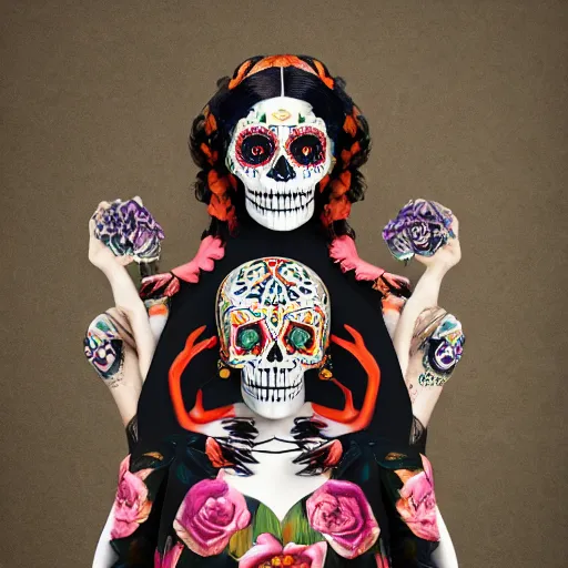 Image similar to lady, mid - waist self - portrait, perfect symmetry, intricate, dia de los muertos, skulls and flowers mask, aztec ultra detailed feathered dress 4 k resolution, octane rendering, ultra realistic, photo realism, beeple, 2 0 mm