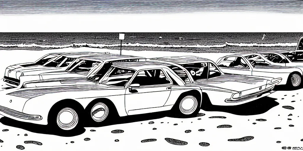 Image similar to vintage cars on a beach, cartoon by moebius, monochrome