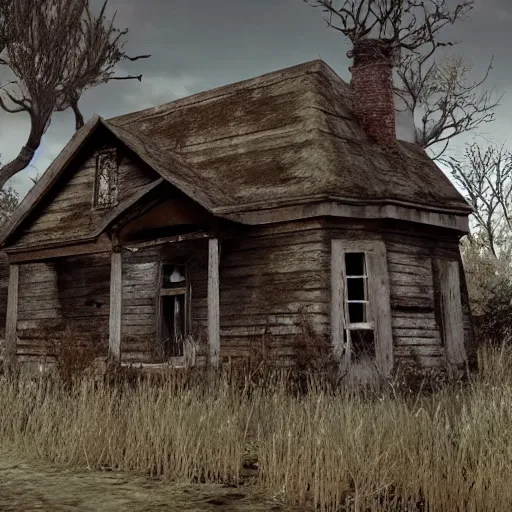 Prompt: There is an old, abandoned house on the edge of town that is said to be haunted. No one knows for sure what happened to the family who once lived there, but it is said that they were cursed. The house is said to be haunted by the spirits of the family members who died there, Realistic, Horror, Unreal Engine 4, Creepy,