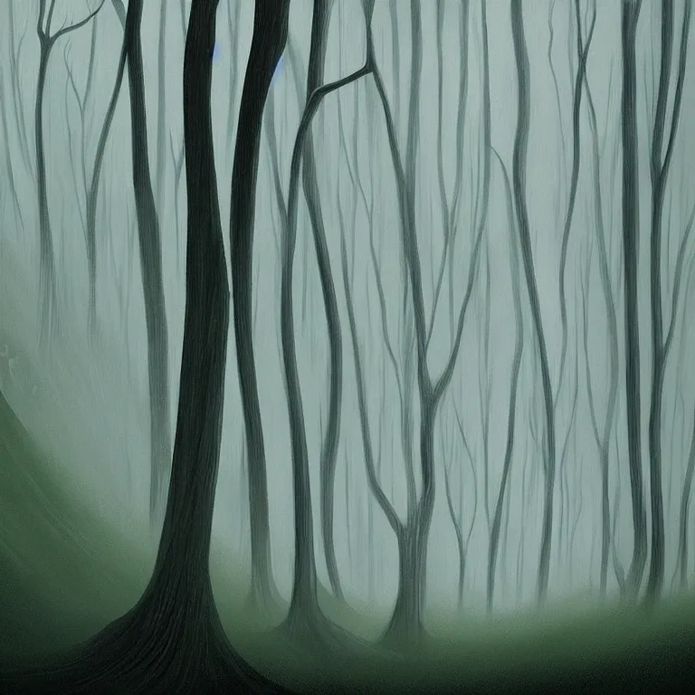 Prompt: a painting of a person standing in the rain surrounded by trees, a digital rendering by Eyvind Earle, deviantart, digital art, matte drawing, deviantart, soft mist