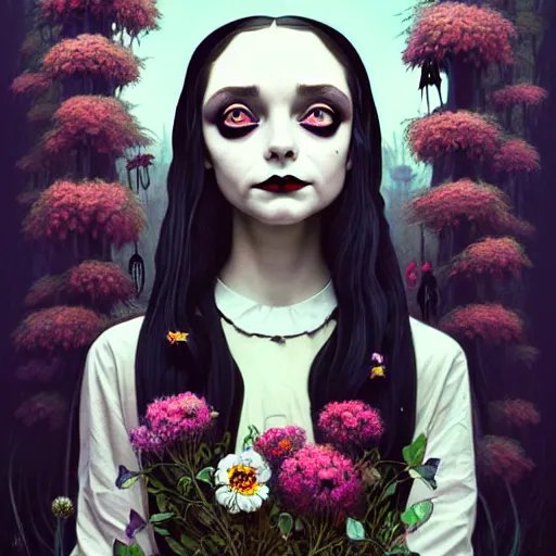 Image similar to a beautiful portrait painting of a ( gothic ) wednesday addams covered with flowers by simon stalenhag and pascal blanche and alphonse mucha!! and nekro!! and josan gonzalez in style of digital art. smooth illustration, film noirs, brush stroke, trichromatic colors, hyper detailed. octane render. trending on artstation