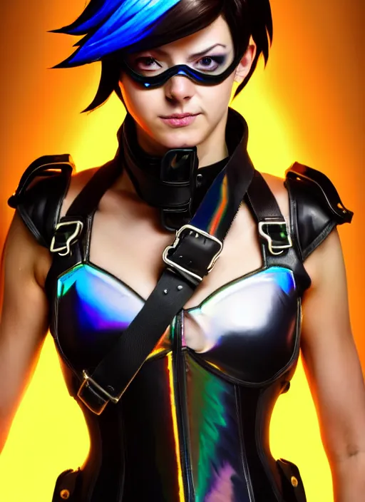 Image similar to oil painting digital artwork of tracer overwatch, confident pose, wearing black iridescent rainbow latex, 4 k, expressive happy smug expression, makeup, in style of mark arian, wearing leather collar, wearing sleek armor, black leather harness, expressive detailed face and eyes,
