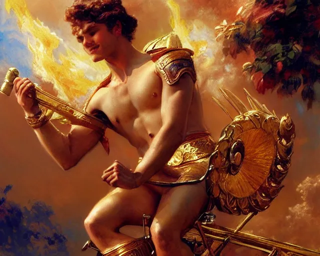 Image similar to attractive apollo greek god, riding his fire chariot. highly detailed painting by gaston bussiere, craig mullins, j. c. leyendecker 8 k