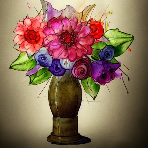 Image similar to a porcelain vase with a colorful and beautiful flower arrangement. very stylize and delicate watercolor and pencil drawing. beautiful lighting, 4 k post - processing, trending in art station, cg society, highly detailed, 5 k extremely detailed, 3 d. cinematic scene.