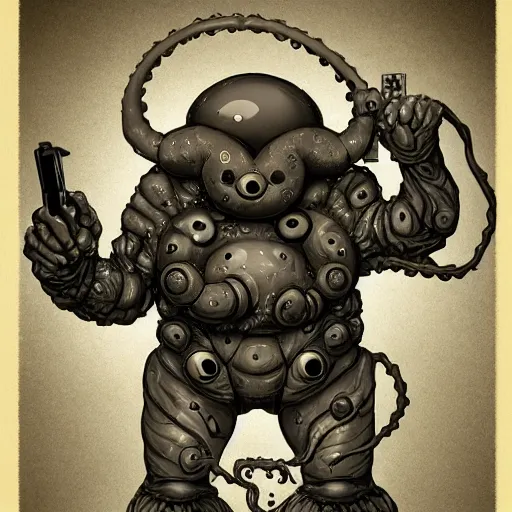 Image similar to Orb monster with many ears, no eyes, tentacles holding guns, D&D, high quality, trending on artlist