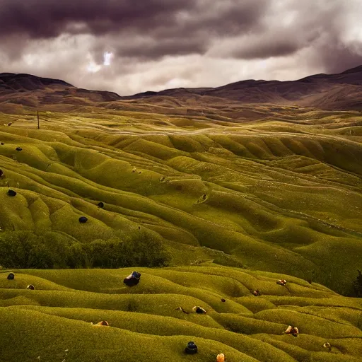 Prompt: a dreamlike landscape where all the hills are made of chicken skin and they have those little bumps and look kind of damp