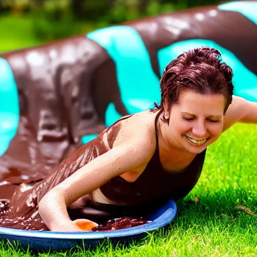 Image similar to adult sliding down chocolate pudding slip n slide head first, professional photo taken at the park