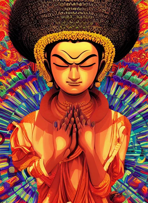 Prompt: portrait of a psychedelic buddha, digital painting masterpiece, advanced lighting technology, stylized yet realistic anatomy and face, gorgeous, by reiq and bengus and akiman and shigenori soejima and bastien vives and balak and michael sanlaville and jamie hewlett, 4 k wallpaper, cinematic, gorgeous brush strokes, coherent and smooth