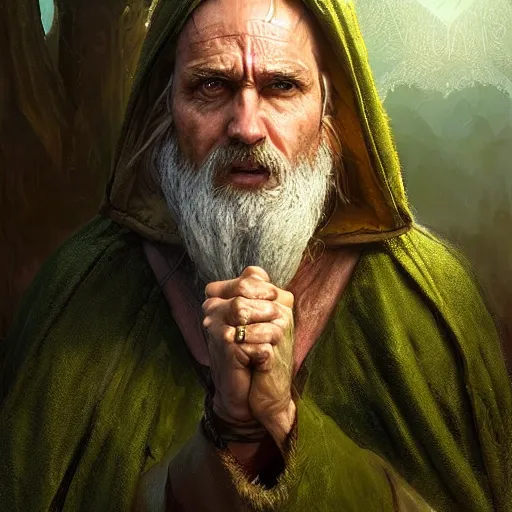 Prompt: Portrait of a middle aged elf, long beard, blue robes, olive skin and a raised fist, detailed face, cinematic lighting, highly detailed, digital art painting by greg rutkowski
