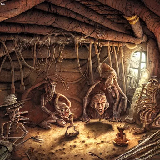 Image similar to primitive extraterrestrial villagers inside primitive hut, dramatic lighting, illustration, ron cobb, mike mignogna, science fiction, detailed painting, high detail, coherent, rough paper