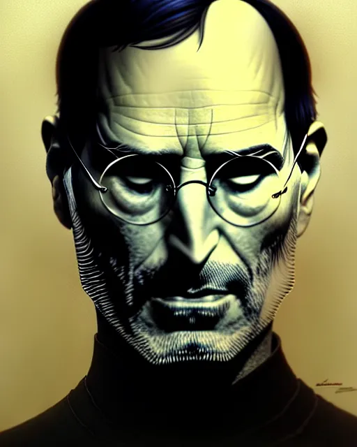Image similar to pensive steve jobs, pulp character portrait, ultra realistic, concept art, intricate details, highly detailed by greg rutkowski, gaston bussiere, craig mullins, simon bisley