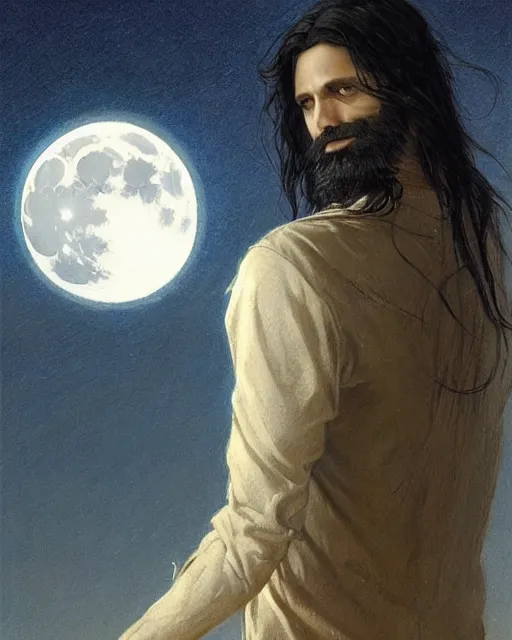 Image similar to portrait of a man with long black hair and beard holding a bird, full moon in the background, fine portrait, beautiful, concept art, by greg rutkowski, by jean delville