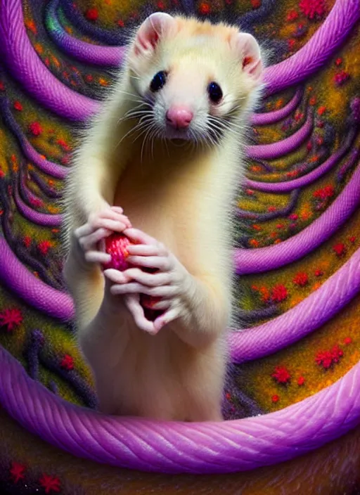 Image similar to hyper detailed 3d render like a Oil painting - kawaii portrait Aurora (blonde calico Sable Ferret) seen Eating of the Strangling network of yellowcake aerochrome and milky Fruit and Her delicate Hands hold of gossamer polyp blossoms bring iridescent fungal flowers whose spores black the foolish stars by Jacek Yerka, Mariusz Lewandowski, Houdini algorithmic generative render, Abstract brush strokes, Masterpiece, Edward Hopper and James Gilleard, Zdzislaw Beksinski, Mark Ryden, Wolfgang Lettl, hints of Yayoi Kasuma, octane render, 8k