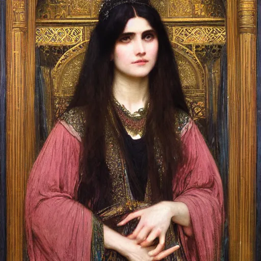 Image similar to orientalist portrait of a tired!!! witch in formal wear holding an iridescent oak magic wand intricate portrait by john william waterhouse and Edwin Longsden Long and Theodore Ralli and Henryk Siemiradzki, very coherent symmetrical artwork. Cinematic, hyper realism, high detail 8k