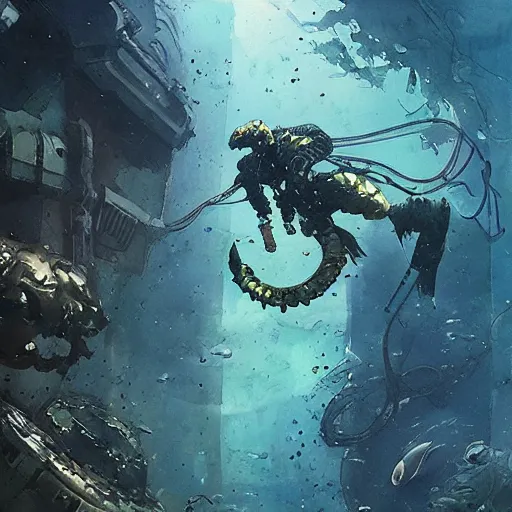 Image similar to diver in an alien aquarium, kelp, coral, solar rays, cyberpunk, realistic, detailed, Industrial Scifi, paint, watercolor, in the style of Ashley Wood and Wadim Kashin